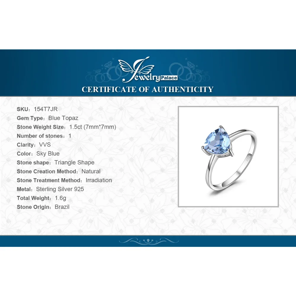 JewelryPalace трлн 1.5ct Небесно-Голубой Topazs камень пасьянс кольцо для Для женщин 925 пробы