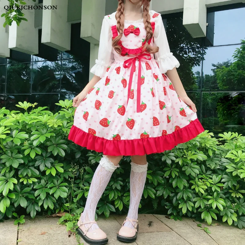 Женский сарафан в японском стиле Kawaii Lolita весна-лето Сарафан с принтом клубники и вишни платье для подростков с бантом и рюшами без рукавов
Женский сарафан в японском стиле Kawaii Lolita весна-лето Сарафан с принтом клубники и вишни платье для подростков с бантом и рюшами без рукавов