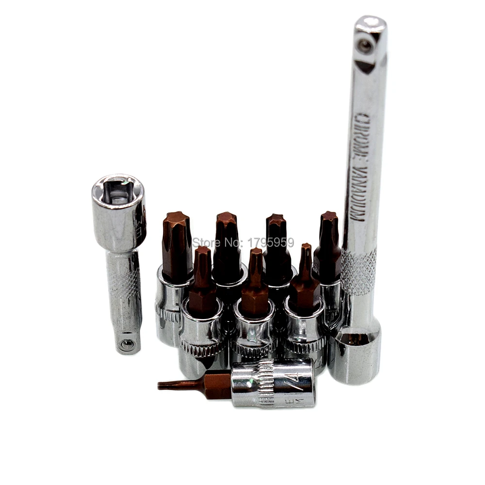 8pcs Impact Star Bit Socket Set 1/4" Driver Torx Sockets T8 T10 T15 T20 T25 T27 T30 T40 with 2pcs 1/4" Drive Extension Bar Tools
8pcs Impact Star Bit Socket Set 1/4" Driver Torx Sockets T8 T10 T15 T20 T25 T27 T30 T40 with 2pcs 1/4" Drive Extension Bar Tools