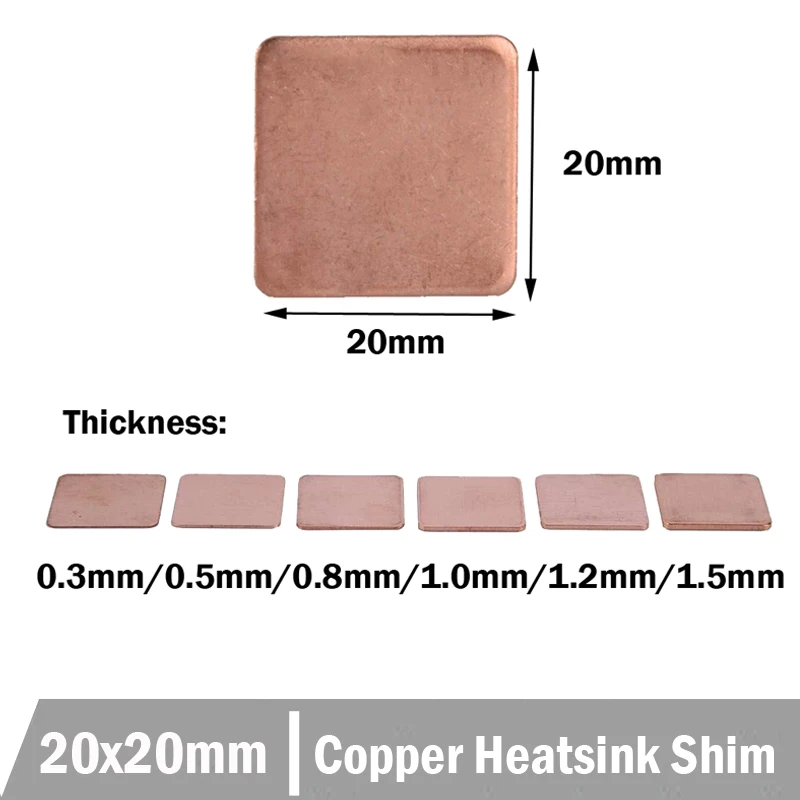 10pcs 20x20mm Pure Copper Heatsinks Copper Pad 0.3mm 0.5mm 0.8mm 1.2mm 1.5mm Heatsink Copper Shim Thermal Pads for Laptop IC
10pcs 20x20mm Pure Copper Heatsinks Copper Pad 0.3mm 0.5mm 0.8mm 1.2mm 1.5mm Heatsink Copper Shim Thermal Pads for Laptop IC