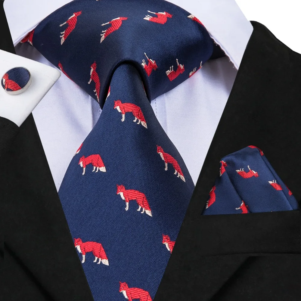 Hi-Tie Blue Animal Fox Tie Silk Necktie and Pocket Square Cufflinks Set Wedding Party Fashion Male for Men 8.5cm SN-3038 | Аксессуары