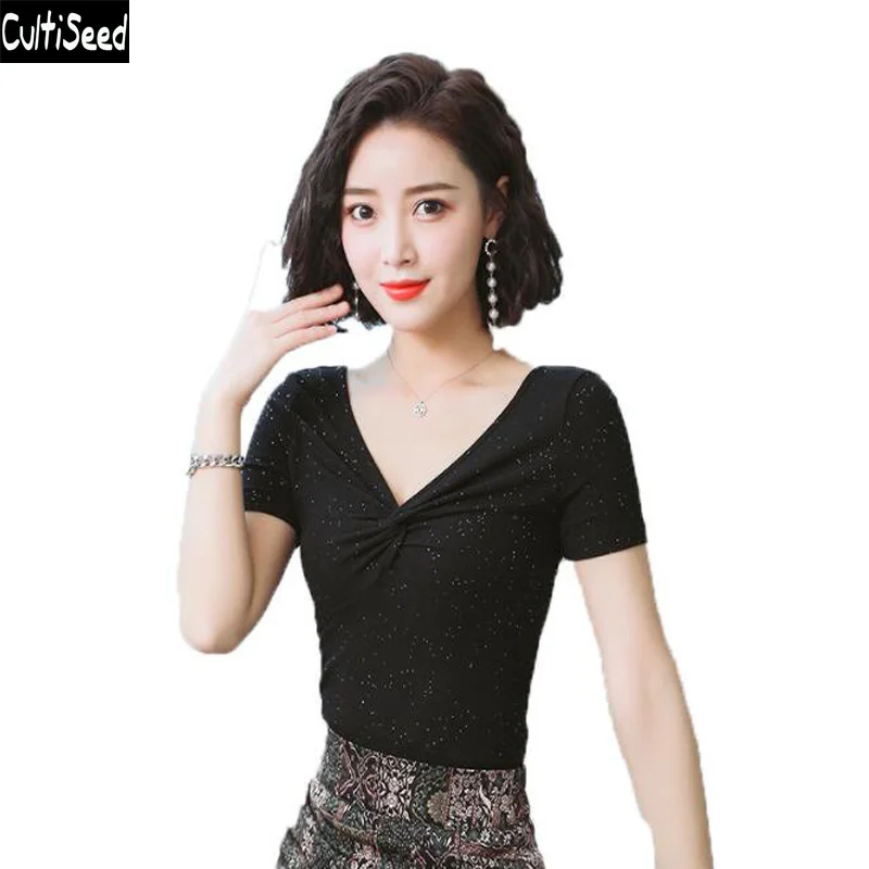 Cultiseed Women T-shirt Tops Female V-neck Elastic Slim Short Sleeve T-shirt Tees Ladies Elegant Office Work Black T-Shirt Top
Cultiseed Women T-shirt Tops Female V-neck Elastic Slim Short Sleeve T-shirt Tees Ladies Elegant Office Work Black T-Shirt Top