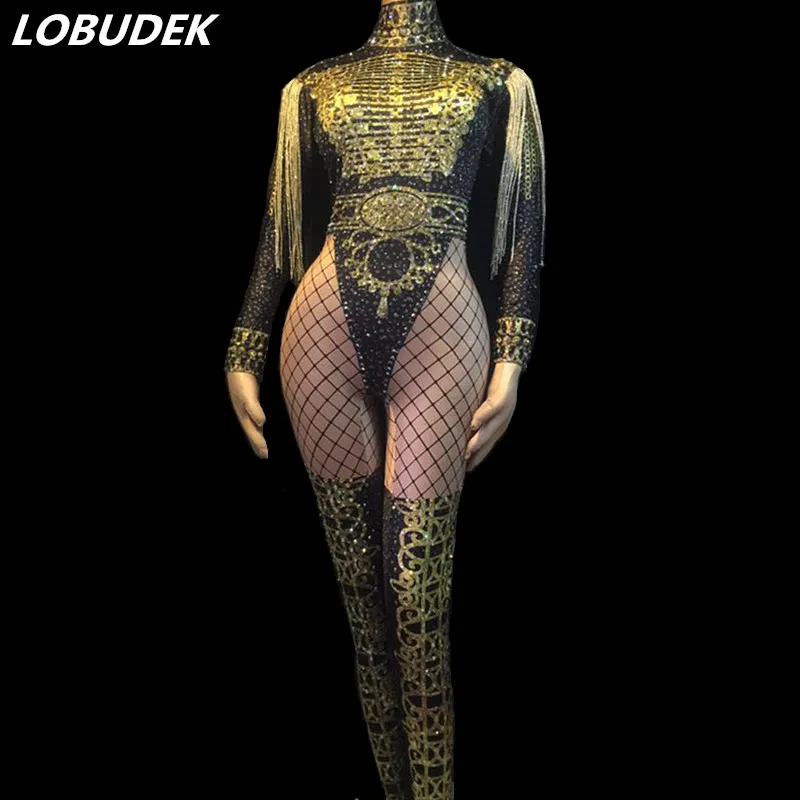 Gold Rhinestones Tassel Skinny Jumpsuit Crystals Female Leotard Women Dance Team Jazz Costume Bar DJ Singer Show Stage Wear
Gold Rhinestones Tassel Skinny Jumpsuit Crystals Female Leotard Women Dance Team Jazz Costume Bar DJ Singer Show Stage Wear