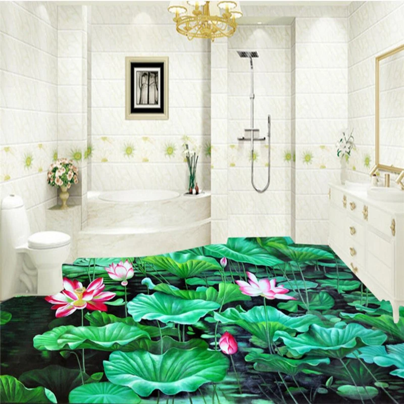 

beibehang Custom photo floor 3D outdoor painting lotus flower pond moonlight three-dimensional creative bathroom floor
