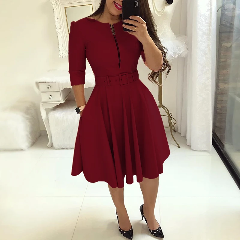 2020 Summer Women Fashion Elegant A-Line Tunic Party Dress Female O-Neck Colorful Solid Zipper Up Belted Pleated Casual Dress
2020 Summer Women Fashion Elegant A-Line Tunic Party Dress Female O-Neck Colorful Solid Zipper Up Belted Pleated Casual Dress