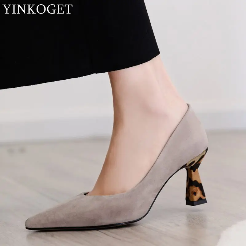 YINKOGET/Женская обувь из натуральной кожи на высоком каблуке с леопардовым принтом