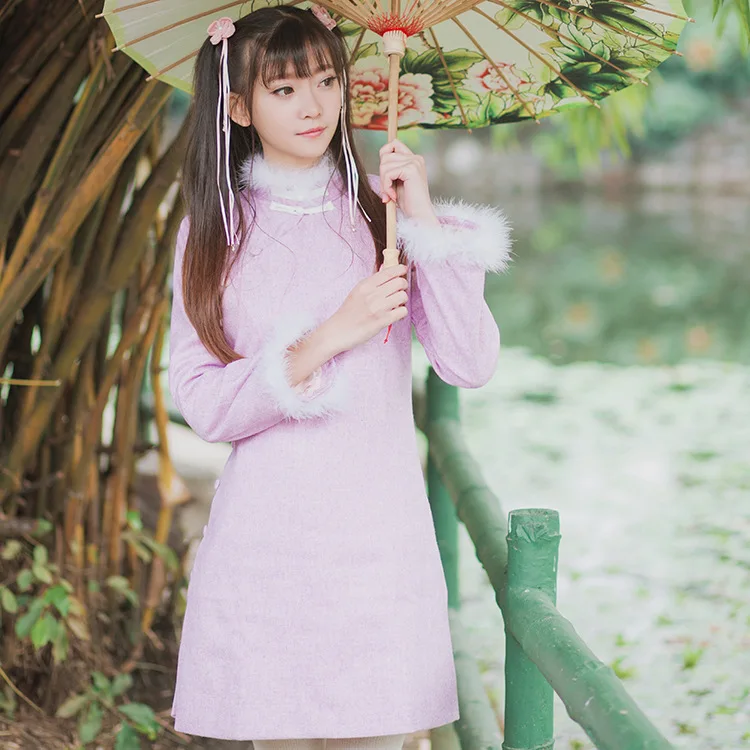 "LingXi" Chinese Style Wool Cotton Long Sleeve Dress Fur Collar Cuff Winter Vintage Dress Light Purple
"LingXi" Chinese Style Wool Cotton Long Sleeve Dress Fur Collar Cuff Winter Vintage Dress Light Purple
