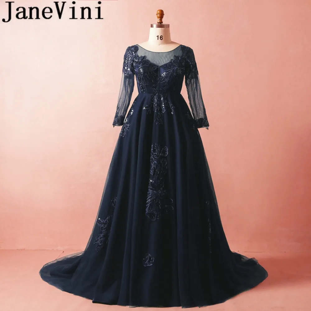Длинные платья JaneVini 2018 с блестками темно синие для выпускного бала а силуэта