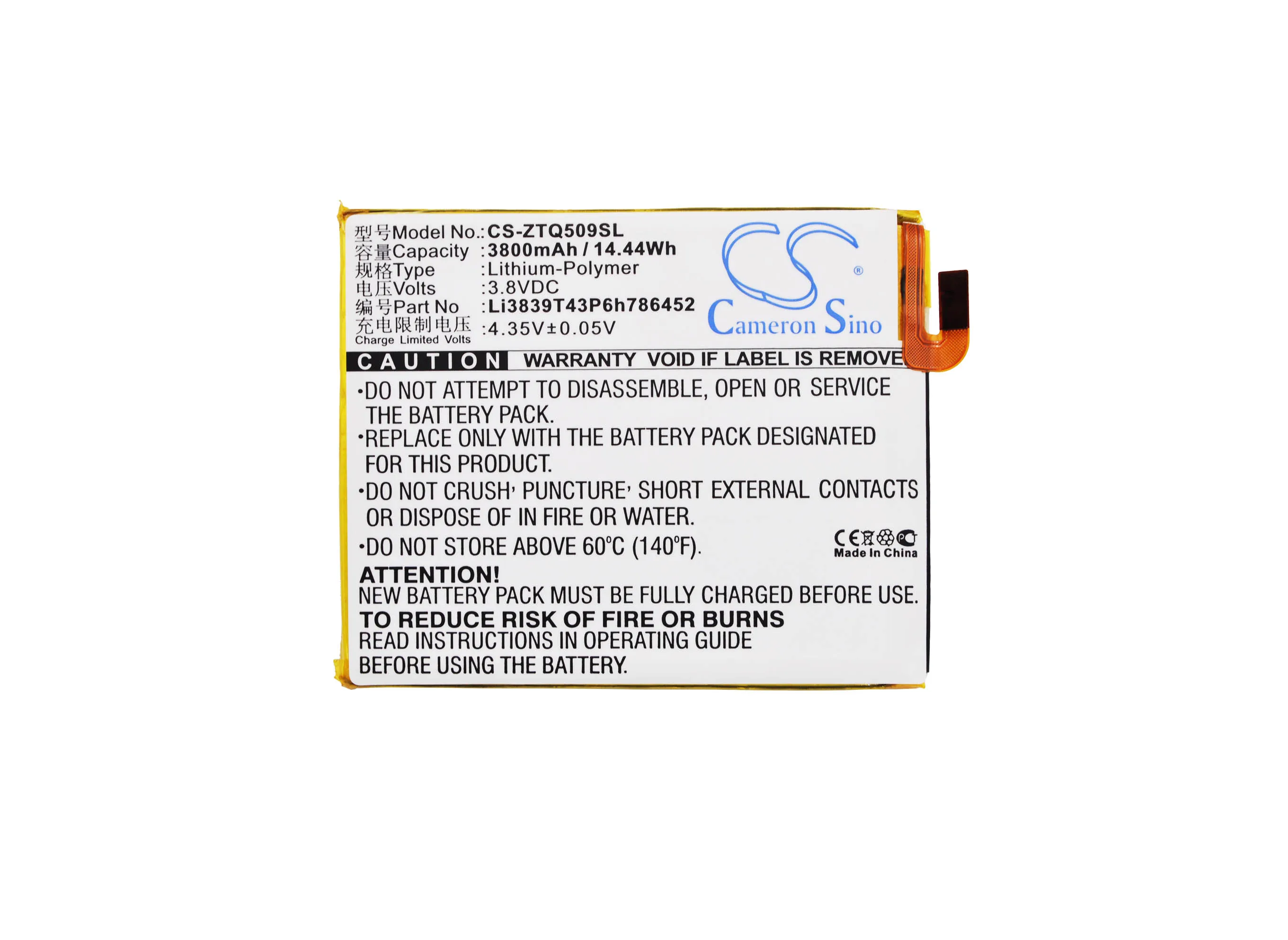 Cameron Sino 3800mAh Battery Li3839T43P6h786452 for ZTE Q509T, Q509T Dual SIM TD-LTE, ZMAX
Cameron Sino 3800mAh Battery Li3839T43P6h786452 for ZTE Q509T, Q509T Dual SIM TD-LTE, ZMAX