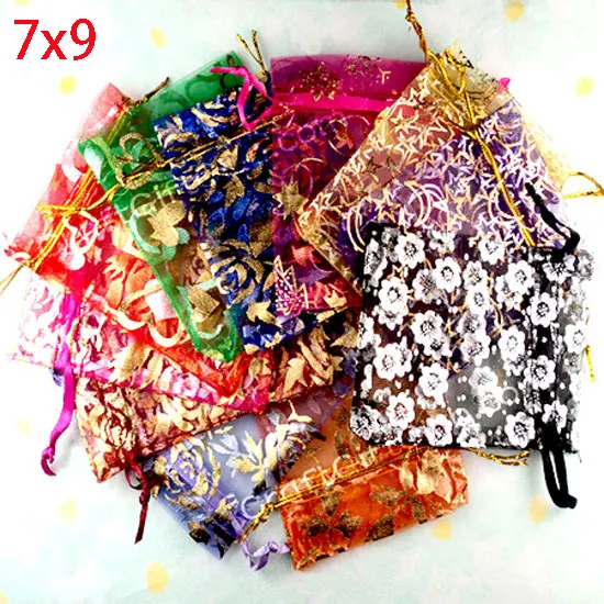 

Hot Sale 100 Random Mixed Bronzing Drawable Organza Wedding Gift Bags&Pouches Jewelry Packaging 7x9cm(W00459 X 1)
