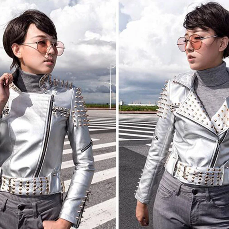 2018 Spring Casaco Feminino Silver Black Leather Jacket Women Punk Spikes Stars Slim Rivets Motorcycle Perfecto Biker Coat
2018 Spring Casaco Feminino Silver Black Leather Jacket Women Punk Spikes Stars Slim Rivets Motorcycle Perfecto Biker Coat