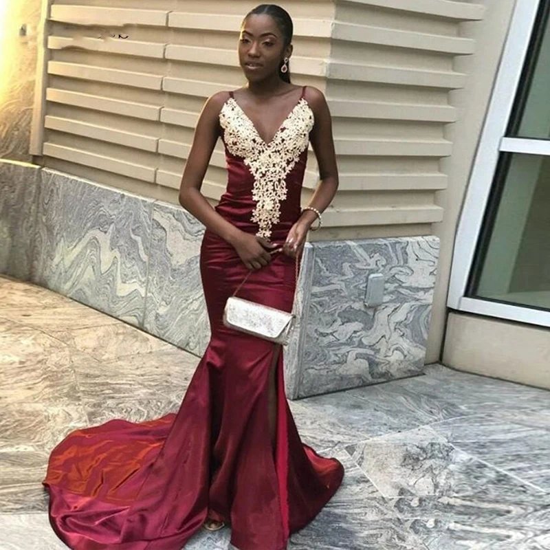 Mermaid Burgundy Prom Dresses With Gold Appliques Spaghetti Straps Evening V-neck Summer Party Dress Long Satin Lady Gowns
Mermaid Burgundy Prom Dresses With Gold Appliques Spaghetti Straps Evening V-neck Summer Party Dress Long Satin Lady Gowns
