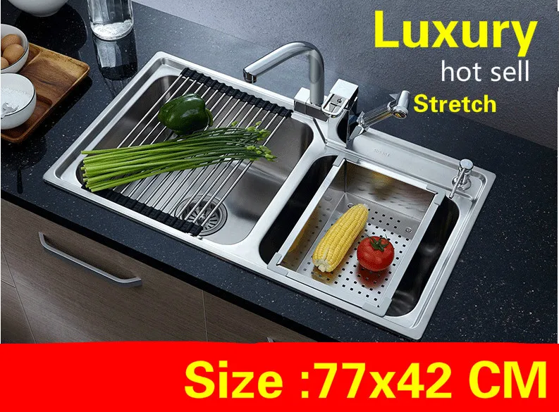 

Free shipping Apartment kitchen double groove sink luxury food-grade 304 stainless steel standard vogue hot sell 770x420 MM