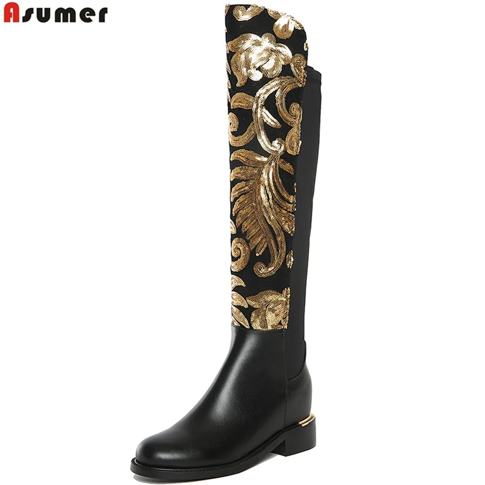 ASUMER black winter genuine leather boots women knee high boots height increasing stretch cloth sexy fashion shoes woman
ASUMER black winter genuine leather boots women knee high boots height increasing stretch cloth sexy fashion shoes woman