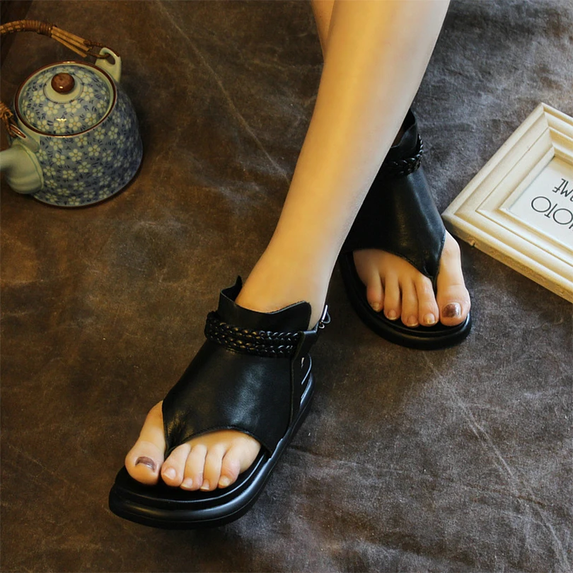 Summer Women's Sandals Med Heels Comfortable Soft Rubber Bottom Genuine CowLeather Leisure Retro Handmade Shoes New Fashion2019 | Обувь