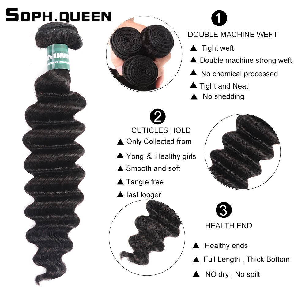 Soph Queen Hair Peruvian Loose Deep Wave Bundles Can Buy With Closure 100% Remy Human Weave 4Bundles Natural Color | Шиньоны и парики