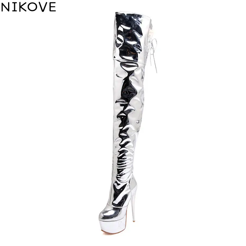 

NIKOVE 2019 Women Boots Over The Knee Boots Patent Leather Pointed Toe Winter Shoes Thin High Heels Platform 5.5 cm Shoes 34-43