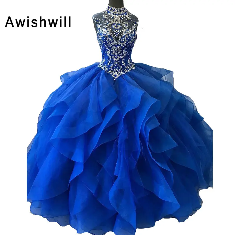 Королевское голубое бальное платье Quinceanera милое из органзы с кристаллами 2020 16