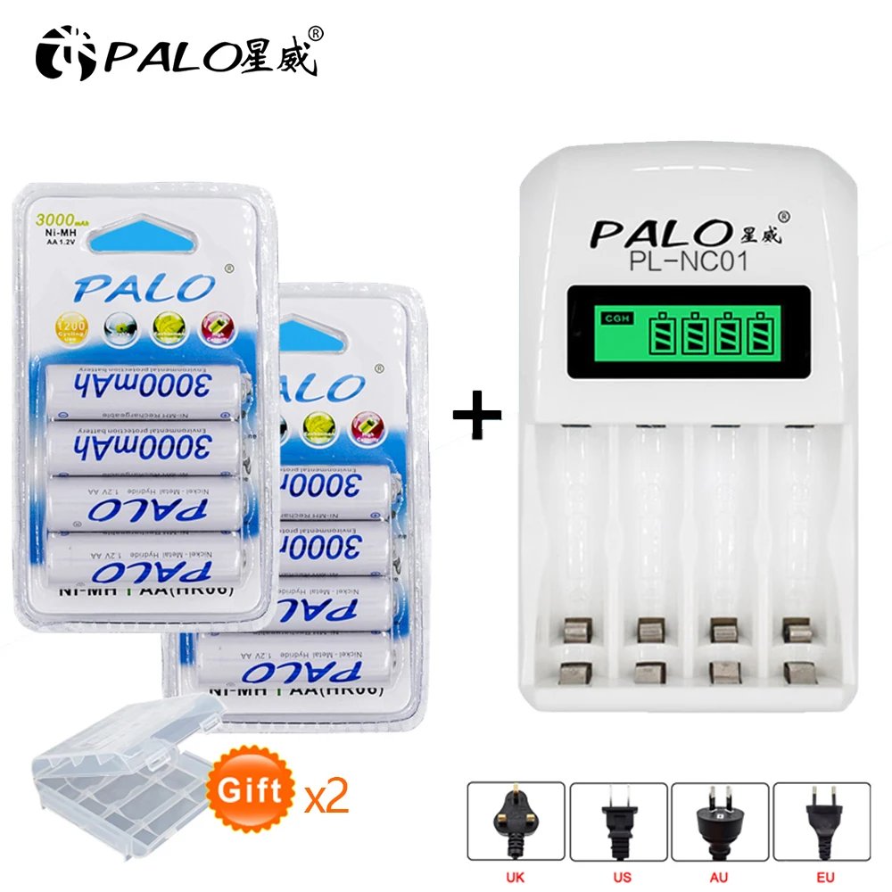 PALO intelligent LCD display Indicator 4 Slots AA/AAA Battery Charger AA charger 1.2v+ 8pcs aa 3000mah NiMh rechargeable Battery
PALO intelligent LCD display Indicator 4 Slots AA/AAA Battery Charger AA charger 1.2v+ 8pcs aa 3000mah NiMh rechargeable Battery