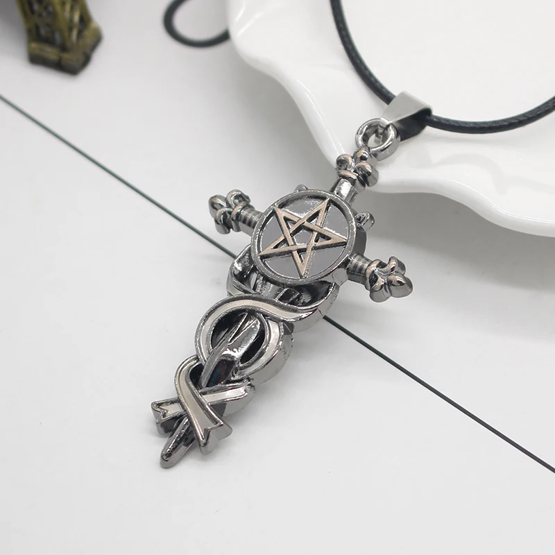 Punk Vintage Pentagram Cross Pendant Anime Kuroshitsuji Pentacle Arms Sword Leather Rope Chain Necklace Women Men Jewelry Colar 
Punk Vintage Pentagram Cross Pendant Anime Kuroshitsuji Pentacle Arms Sword Leather Rope Chain Necklace Women Men Jewelry Colar