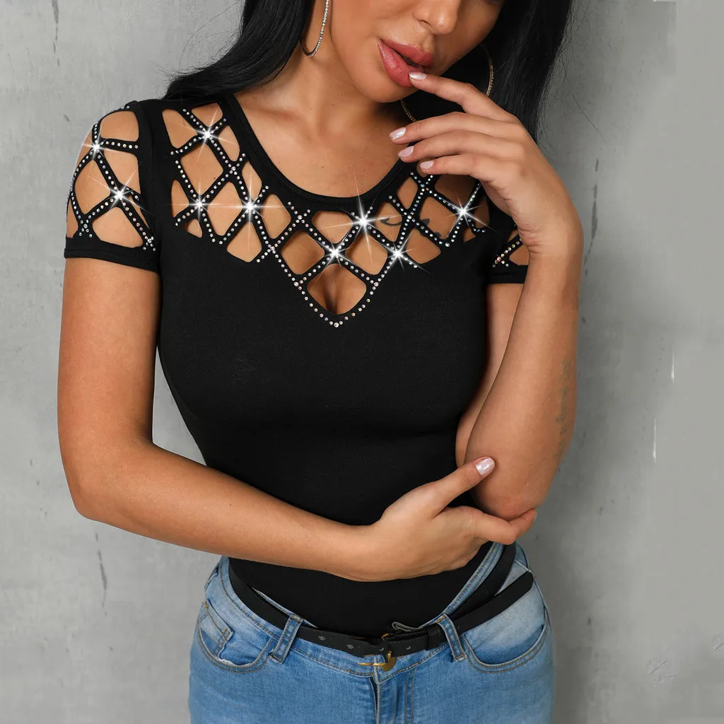 Fashion Bling Nail Beading Blouse Ladies Sexy Hollow Out Casual Tee Shirt Tops Female Womens Short Sleeve Shirt Blusas Pullover
Fashion Bling Nail Beading Blouse Ladies Sexy Hollow Out Casual Tee Shirt Tops Female Womens Short Sleeve Shirt Blusas Pullover