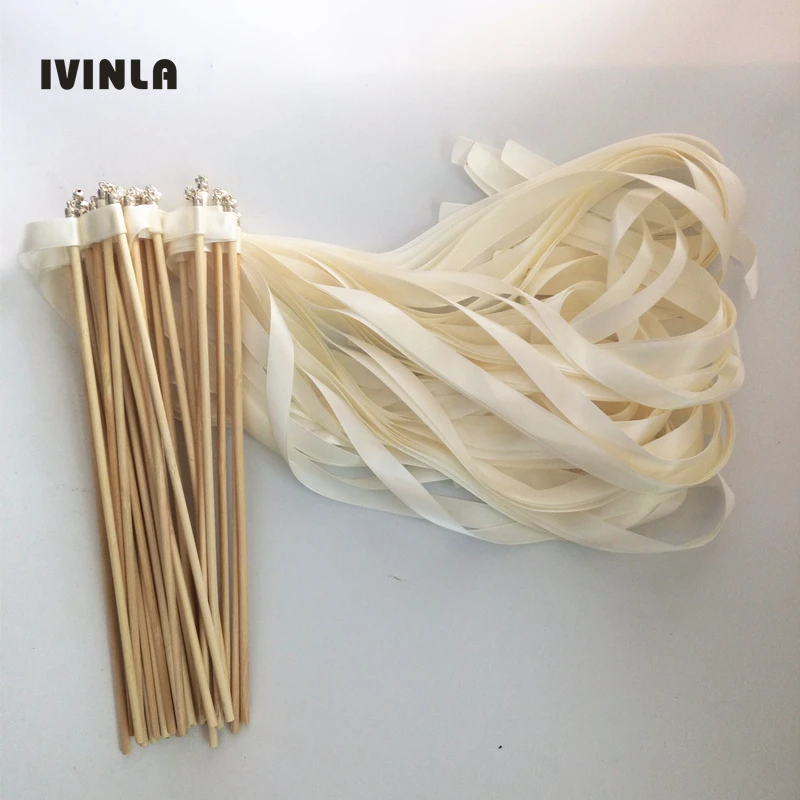 

Newest 50pcs/lot Antique white wedding ribbon wands with sliver bell ribbon Twirling Streamers wedding ribbon stick