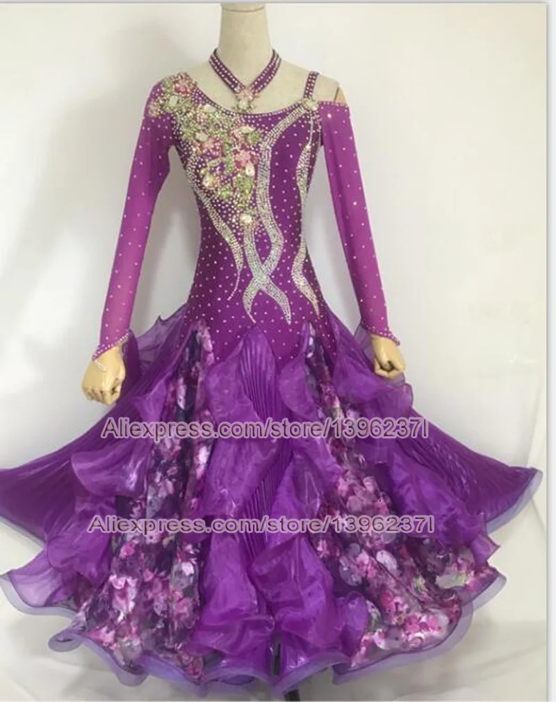 Женская юбка для бальных танцев фиолетовое платье с длинным рукавом вальса и
