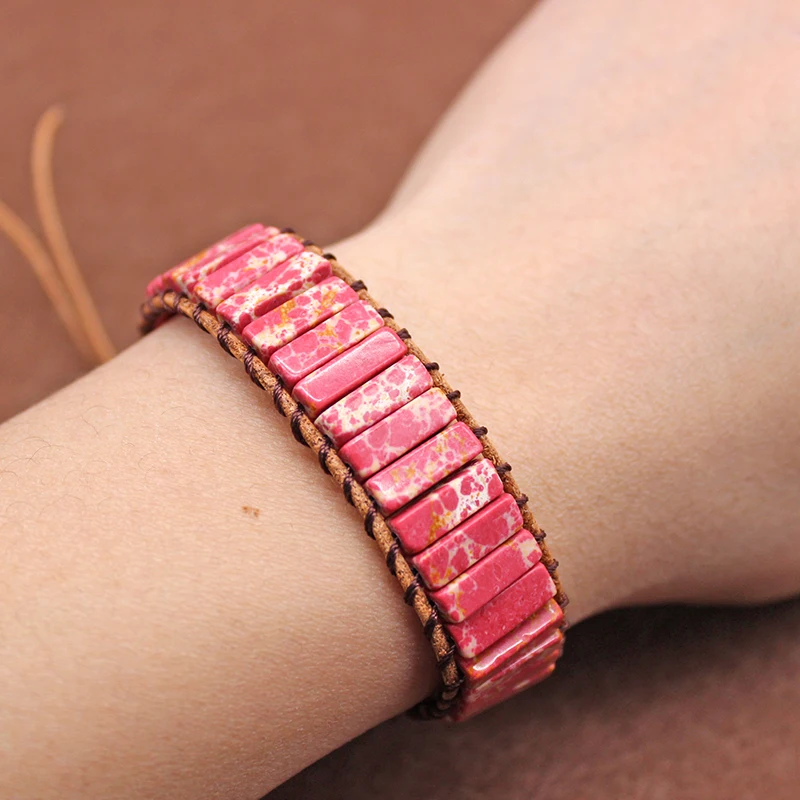 Unisex Bohemian Tube Natural Red cuboid stone Single Leather Wrap Bracelet Beaded Couples Bestfriend Gifts Dropship | Украшения и