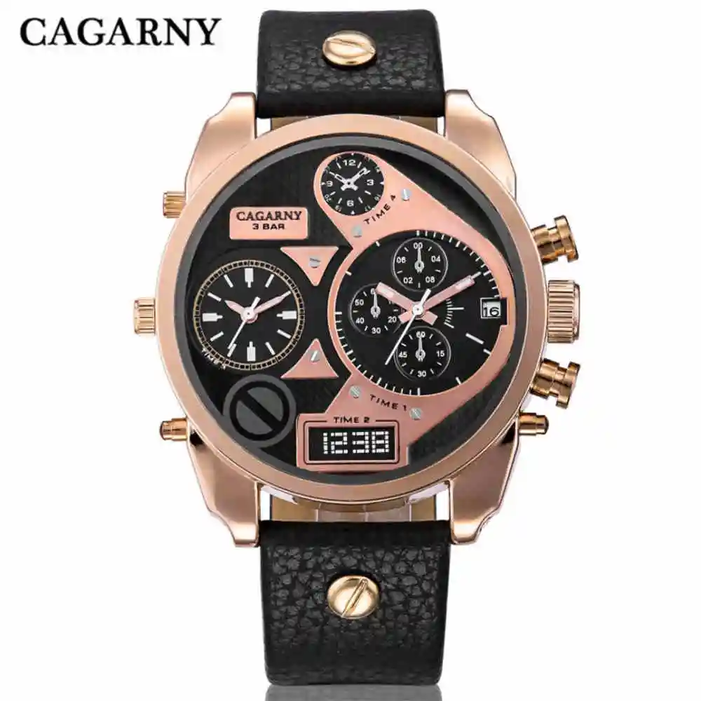 

CAGARNY Watches Men Quartz Watches Men Rose Gold Case Men Wristwatches Leather Watchband Dual Time Zones Military Reloj Hombre
