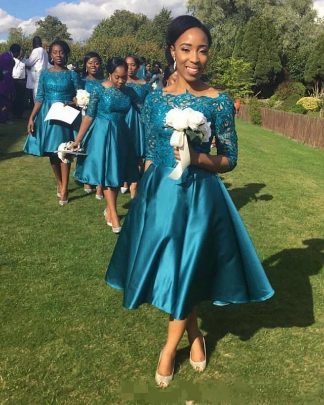 Cheap Elegant Short Bridesmaid Dresses For Weddings Teal Blue Satin Lace Half Sleeves Tea Length Plus Size Formal Gowns
Cheap Elegant Short Bridesmaid Dresses For Weddings Teal Blue Satin Lace Half Sleeves Tea Length Plus Size Formal Gowns