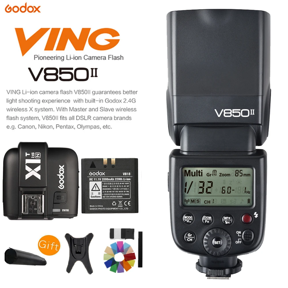 Беспроводная вспышка Godox V850II GN60 HSS 2,4G X System, литий-ионный аккумулятор, вспышка + X1T-N триггера для dslr-камеры Nikon
Беспроводная вспышка Godox V850II GN60 HSS 2,4G X System, литий-ионный аккумулятор, вспышка + X1T-N триггера для dslr-камеры Nikon