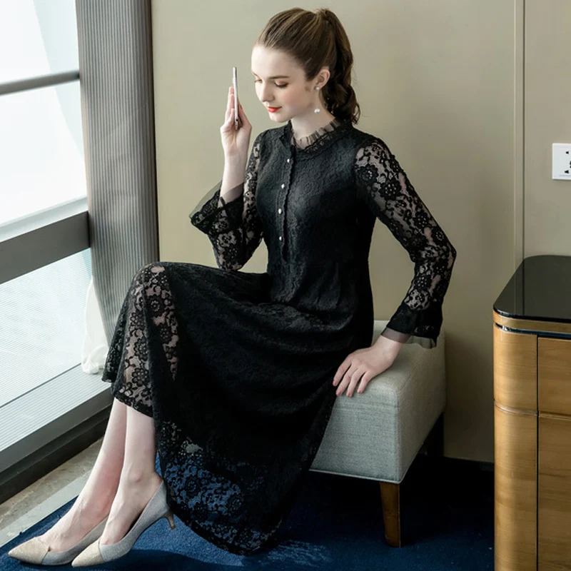 2019 spring new elegant temperament Lace dress women Sexy Stand Flare Sleeve Loose dress black Hollow Out A-Line long dress 5XL
2019 spring new elegant temperament Lace dress women Sexy Stand Flare Sleeve Loose dress black Hollow Out A-Line long dress 5XL