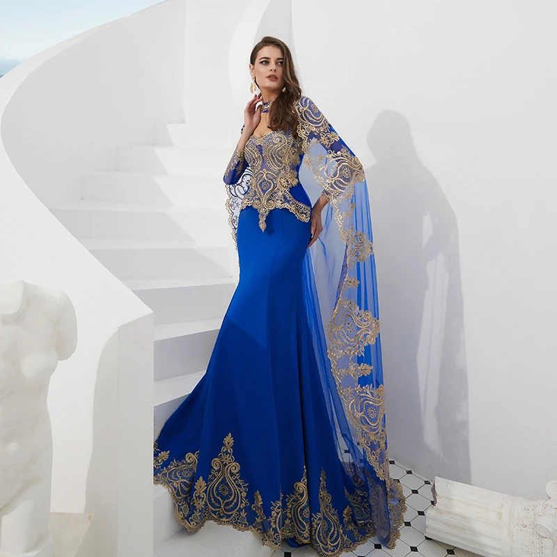 2019 Fashion Royal Blue Long Sleeve Evening Dresses For Women Bridal Party Dresses Gold Lace Appliqued Mermaid Evening Gown
2019 Fashion Royal Blue Long Sleeve Evening Dresses For Women Bridal Party Dresses Gold Lace Appliqued Mermaid Evening Gown