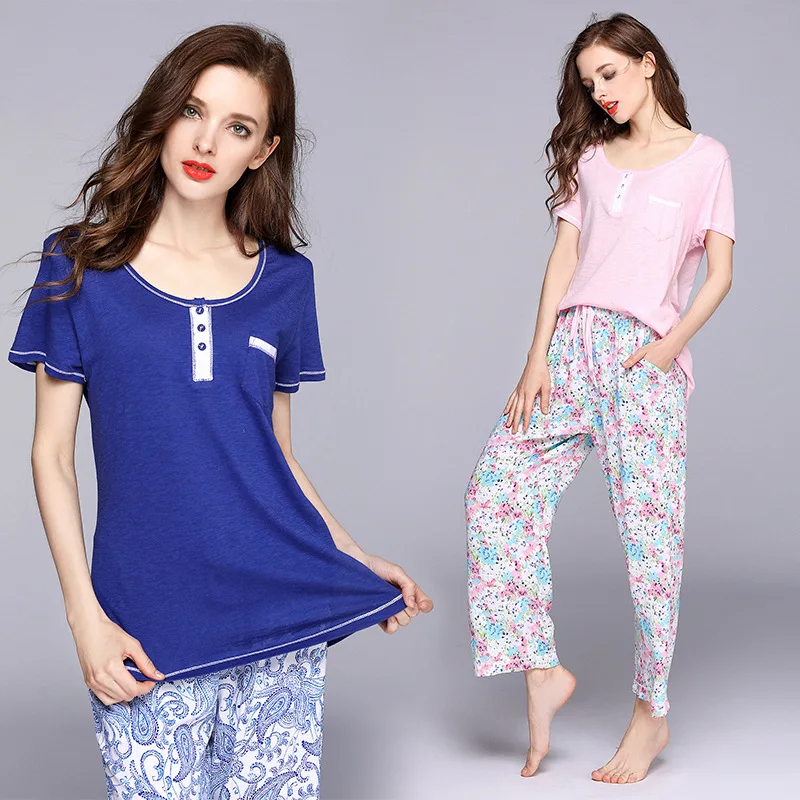 Summer Sleepwear Round Neck Cotton Short Sleeve Pants Pajamas for Women Slim Loose Leisure Simple Printing Pyjamas 2-piece Suit
Summer Sleepwear Round Neck Cotton Short Sleeve Pants Pajamas for Women Slim Loose Leisure Simple Printing Pyjamas 2-piece Suit