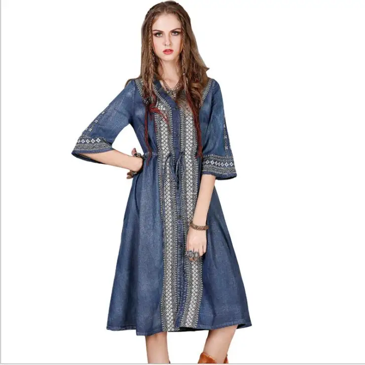 Summer Dress 2019 Boho New Denim Women Dresses V-Neck Half Sleeve Loose Embroidery String Waist Jeans Vestido Sundress
Summer Dress 2019 Boho New Denim Women Dresses V-Neck Half Sleeve Loose Embroidery String Waist Jeans Vestido Sundress