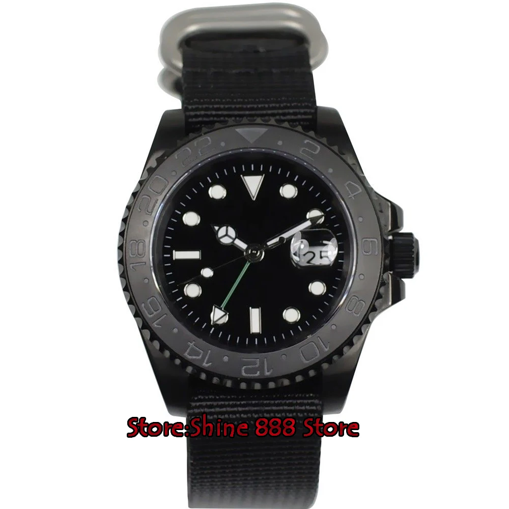

Parnis 40mm PVD case black dial luminous ceramic bezel sapphire glass GMT Automatic men's watch