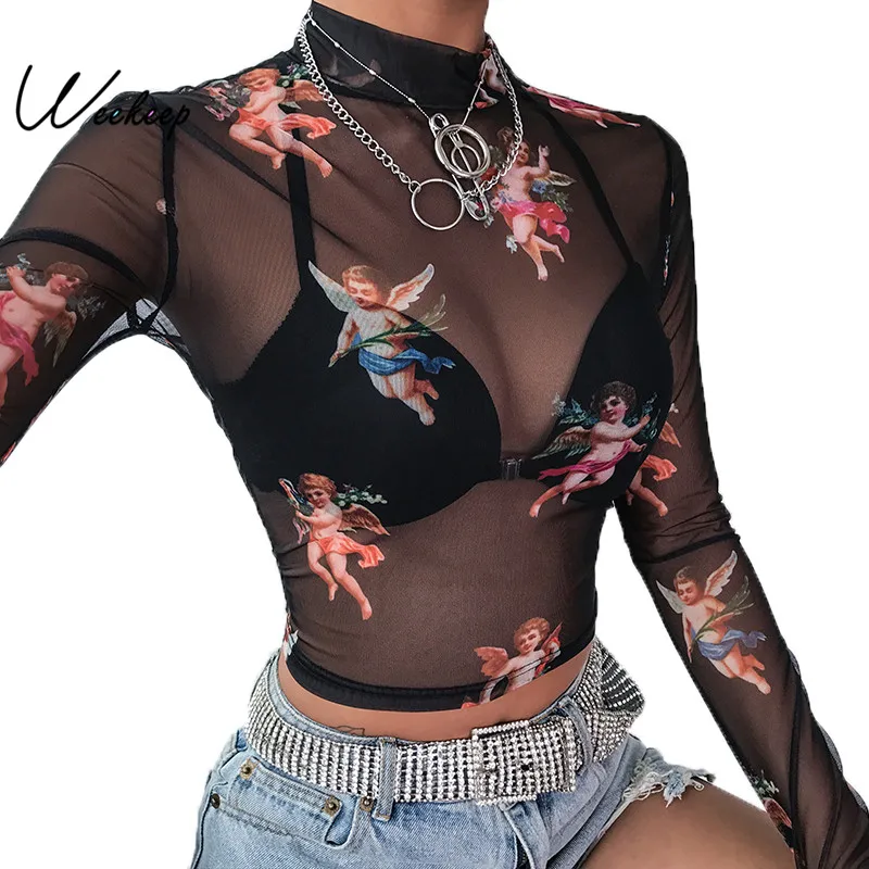 

Weekeep Sexy Transparent Bodycon Long Sleeve t shirt Women Turtleneck Angel Print Cropped tshirt 2019 Summer Streetwear Crop Top