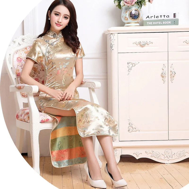 Золотое китайское традиционное платье невесты женское шелковое атласное Cheongsam Qipao Летнее Длинное платье с коротким рукавом S M L XL XXL 011555
Золотое китайское традиционное платье невесты женское шелковое атласное Cheongsam Qipao Летнее Длинное платье с коротким рукавом S M L XL XXL 011555