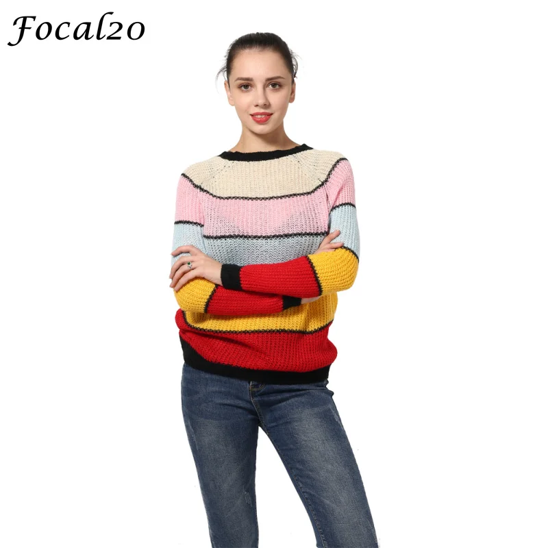 Focal20 Harajuku Autumn Multicolor Women Loose Sweater Long Sleeve Rainbow Color Stripes Knitted Pullover Sweater
Focal20 Harajuku Autumn Multicolor Women Loose Sweater Long Sleeve Rainbow Color Stripes Knitted Pullover Sweater