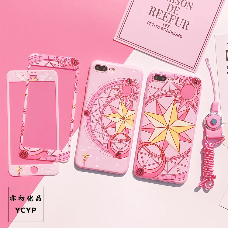 Розовый чехол Sakura для iPhone X 8 7 6 6S PlUS из ТПУ + Переднее закаленное стекло Plus Magic Array