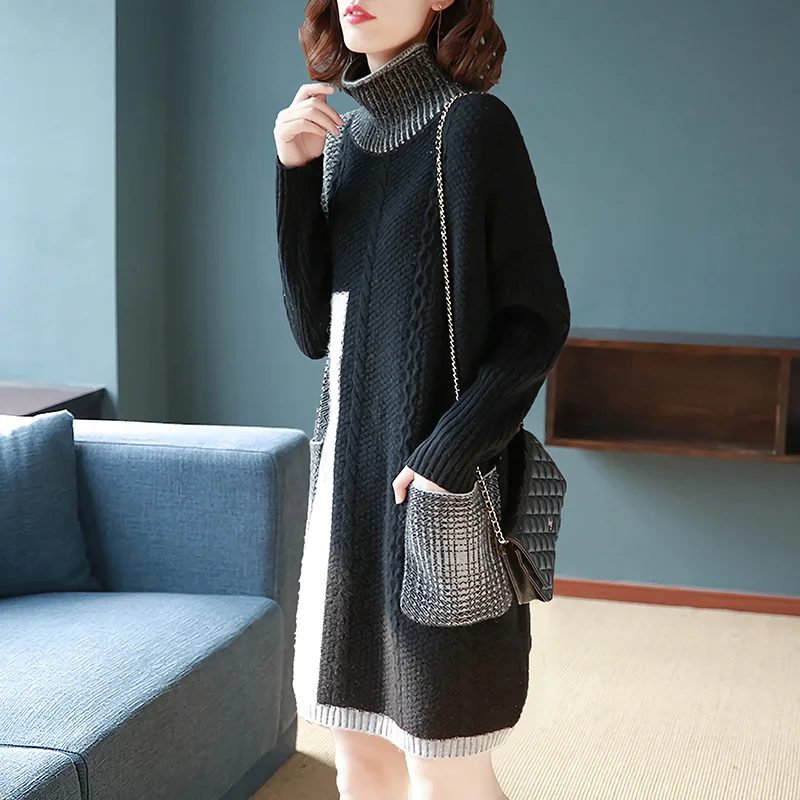 Фото Женское вязаное платье свитер с высоким воротником и длинными рукавами|Женские