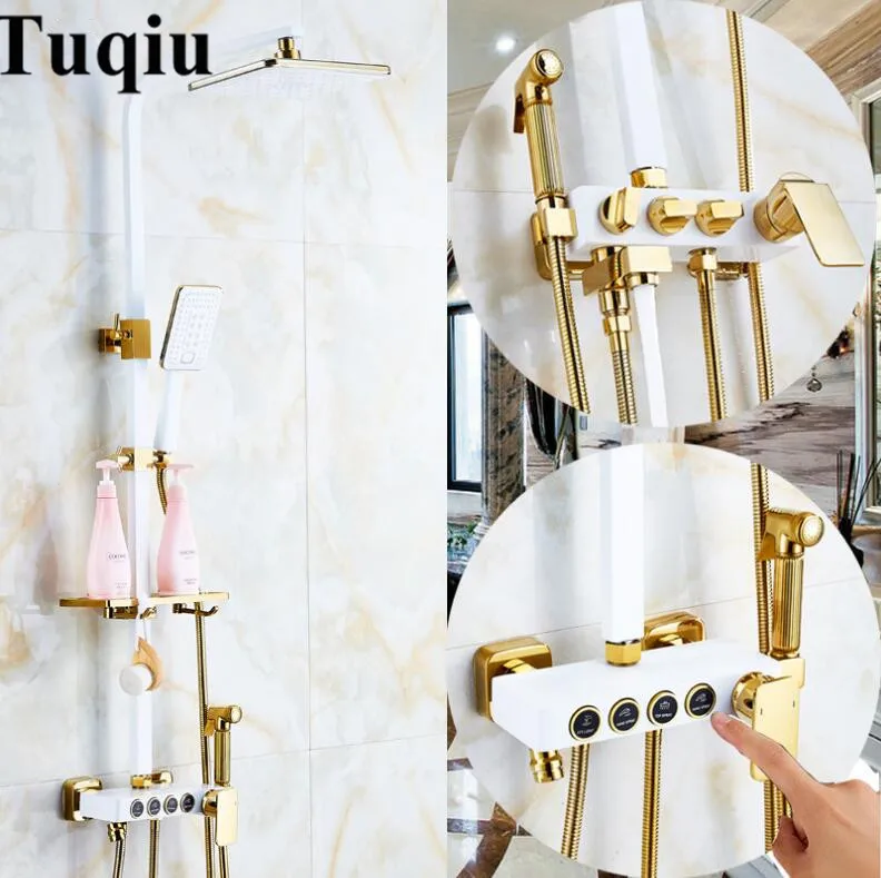 Europe style luxury bath and shower faucet brass gold and white wall mounted shower faucet set with rainfall shower head
Europe style luxury bath and shower faucet brass gold and white wall mounted shower faucet set with rainfall shower head