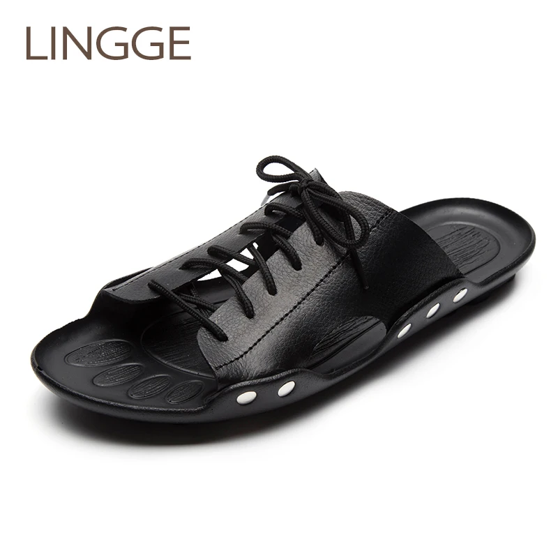 LINGGE летние слиперы из натуральной кожи уличные дышащие шлепанцы с перекрестной