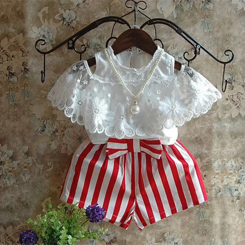 Girls Clothes Summer Kids Set White Lace Off Shoulder Short Sleeve Princess Top Red Striped Shorts Set Girls Short Sets 2-8Y
Girls Clothes Summer Kids Set White Lace Off Shoulder Short Sleeve Princess Top Red Striped Shorts Set Girls Short Sets 2-8Y
