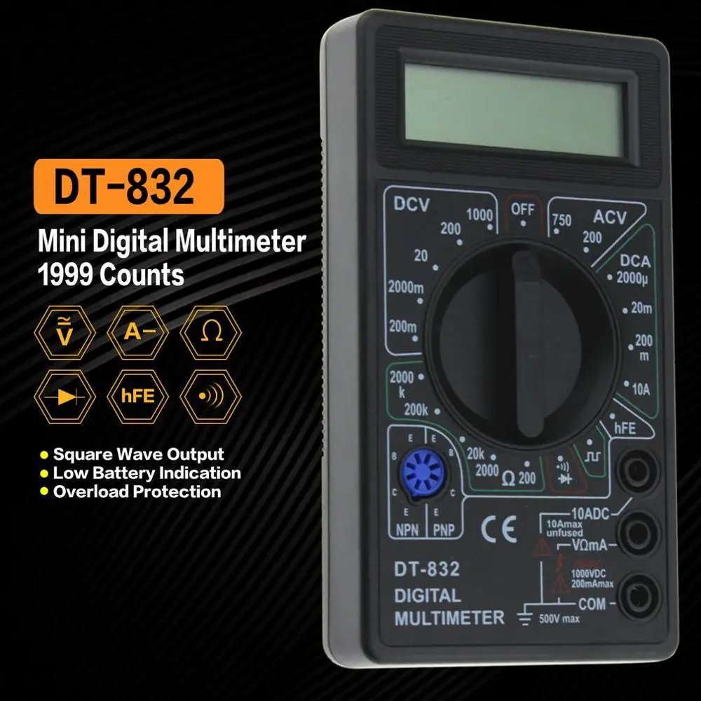 ANENG DT-832 Мини цифровой мультиметр AC/DC Вольт Ампер hFE тестер непрерывности |
