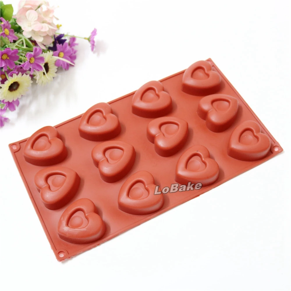 

High quality 12 cavities red heart doughnut shape molde silicona chocolate fondant pudding jelly candy moule a gateau DIY tools