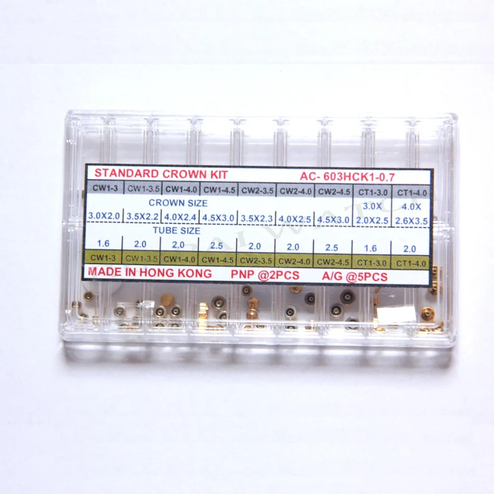 63pcs/box Golden / Silver Watch Crown set 0.7mm Tap Diameter Assort Size Watch Crown for Watch parts replacement
63pcs/box Golden / Silver Watch Crown set 0.7mm Tap Diameter Assort Size Watch Crown for Watch parts replacement