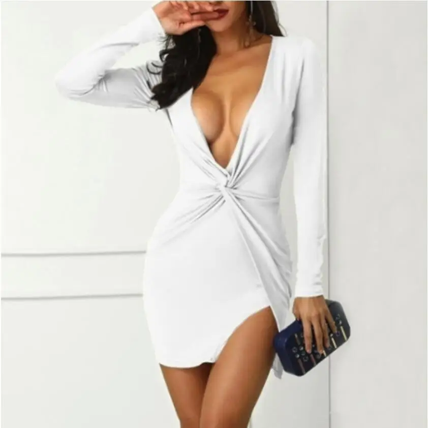 2019 Sexy Deep V-neck Solid Color Long Sleeve Plunge Twisted Front Irregular Mini Bodycon Dress | Женская одежда