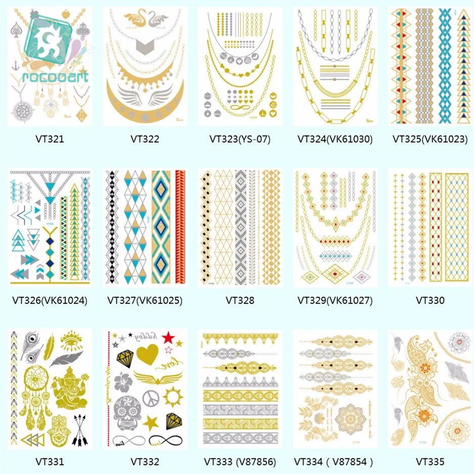 100pcs/lot Wholesale VT Flash Temporary Tattoo Gold Silver Metallic Waterproof Tattoo Women Body Art Tattoo Stickers 21x15cm
100pcs/lot Wholesale VT Flash Temporary Tattoo Gold Silver Metallic Waterproof Tattoo Women Body Art Tattoo Stickers 21x15cm
