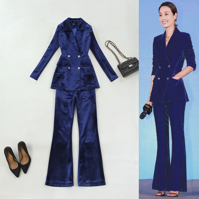 Women Large size women's autumn and winter new waist double-breasted suit + speaker trousers treasure blue gold velvet Set
Women Large size women's autumn and winter new waist double-breasted suit + speaker trousers treasure blue gold velvet Set